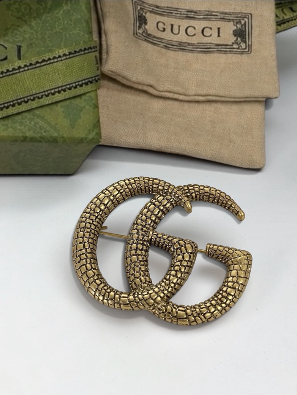 Vintage Gucci Double G Textured Brooch with pouch and bag